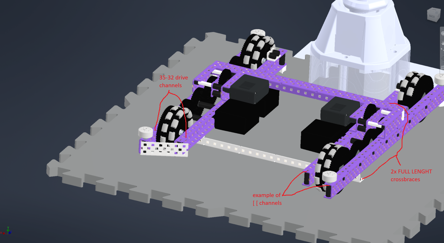 A CAD view of a drivetrain with arrows pointing to the 35-32 drive channels, an example of double right bracket channels, and 2 full length crossbraces