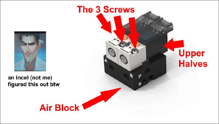 A solenoid with arrows pointing to the screws and halves. And an image saying "an incel (not me) figured this out btw"