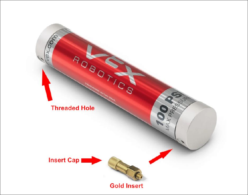 Diagram of pneumatic tank showing threaded hole and gold insert