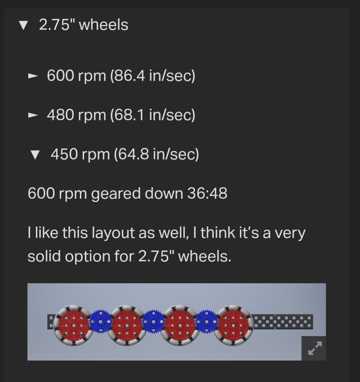 A drivetrain with 2.75 inch wheels at 450 RPM, using 600 RPM blue cartridges geared down 36:48
