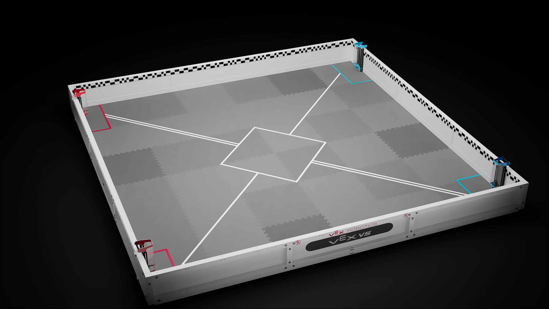 A completely empty VEX field with a double solid white line diagonally from corner to corner, single solid white line from the other two corners, and a solid white line box in the middle of it all, breaking the other lines