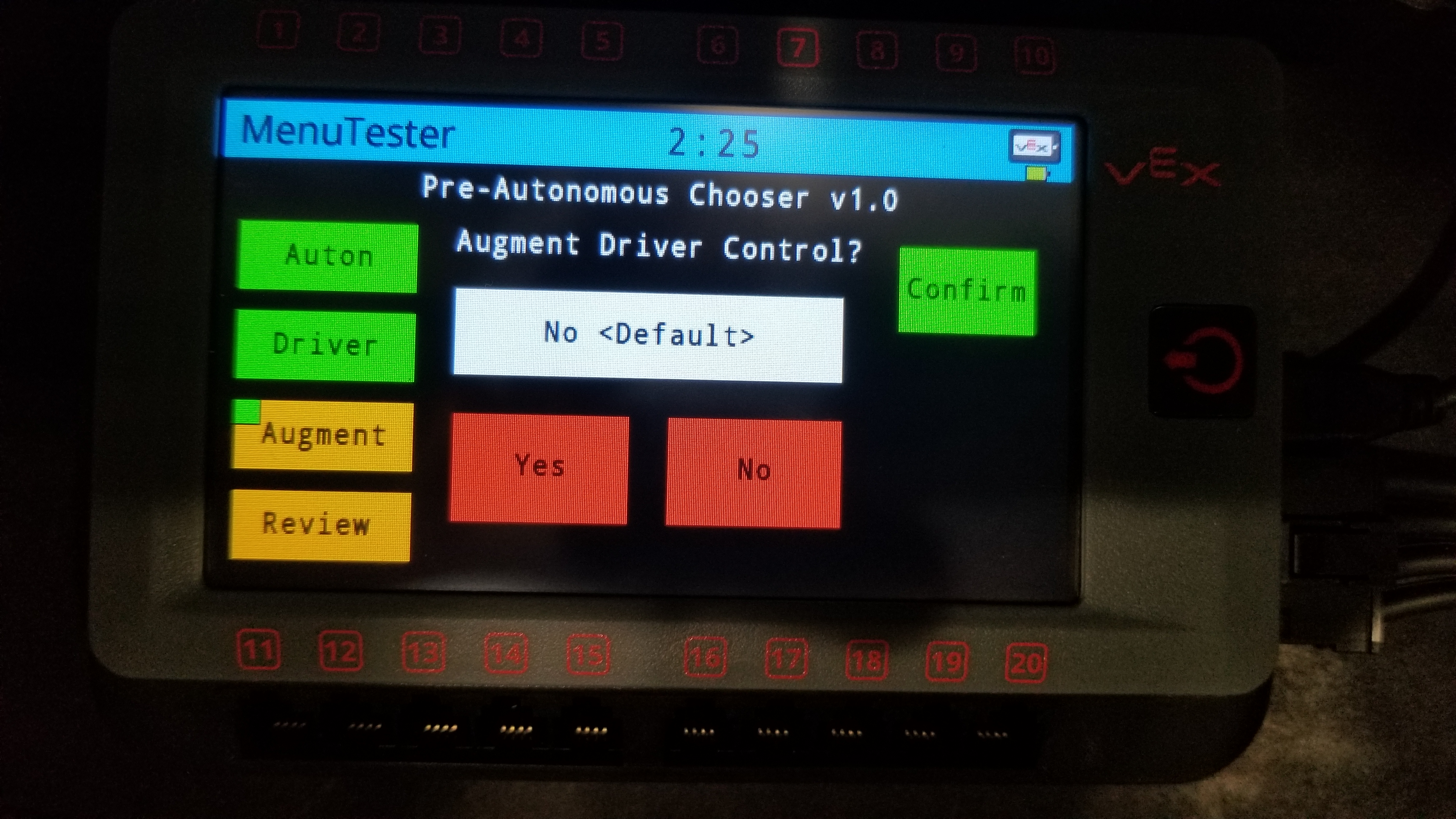 A displayed autonomous selector on a V5 Brain screen, saying "Pre-Autonomous Chooser v1.0: Augment Driver Control?"